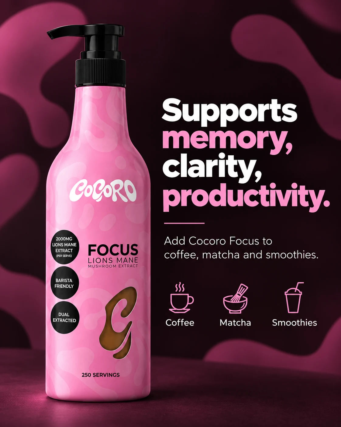 COCORO Focus Lion's Mane bottle. Supports memory, clarity, productivity.